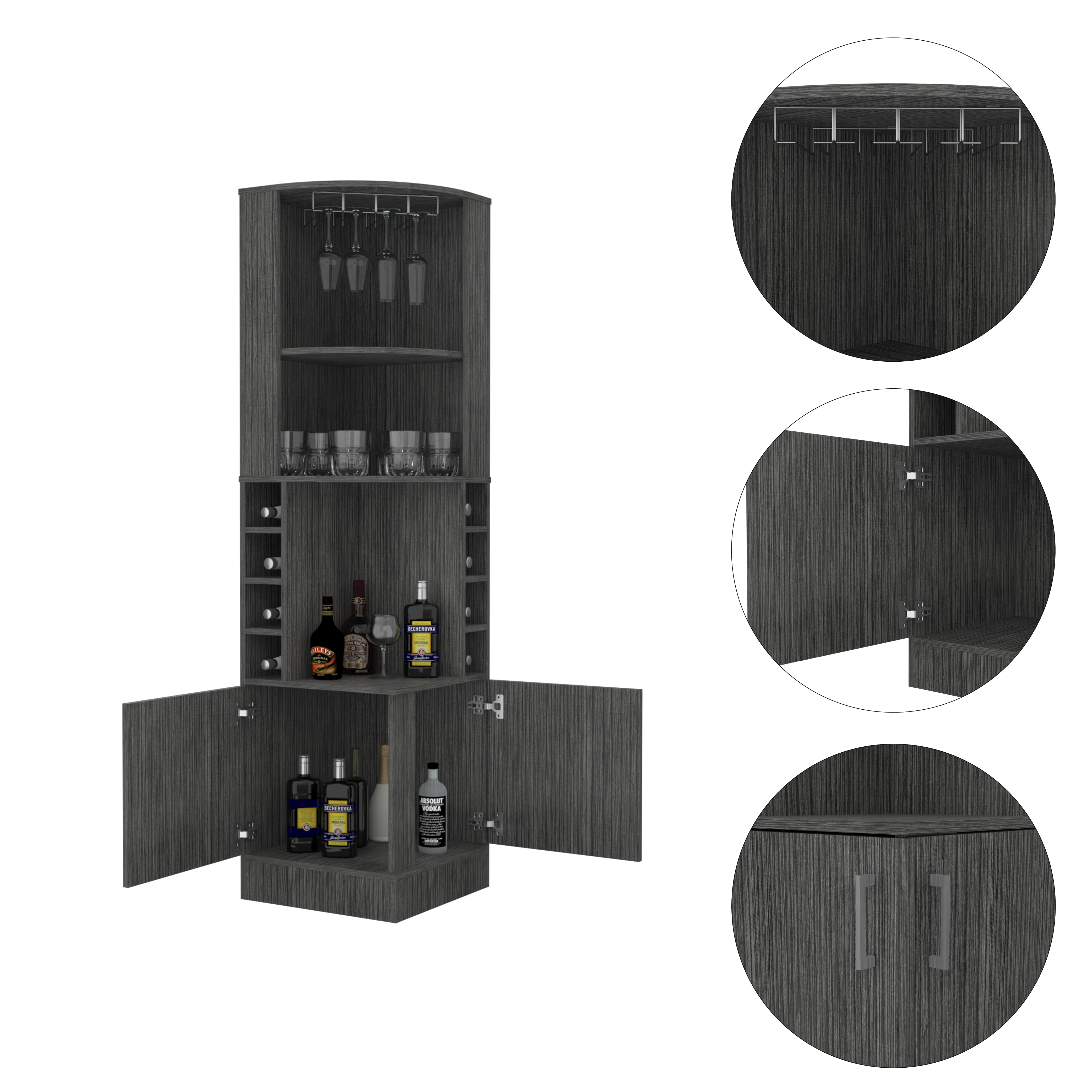 Syrah Corner Bar Cabinet, Eight Bottle Cubbies, Double Door, Two Open Shelves -Smokey Oak